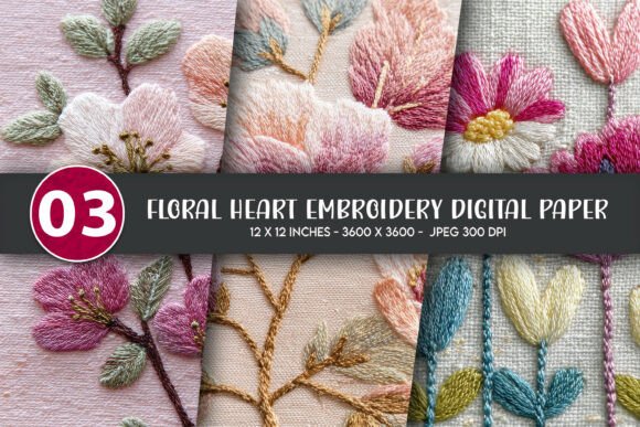 Download Floral Heart Embroidery Digital Paper - Heart embroidery Collection
